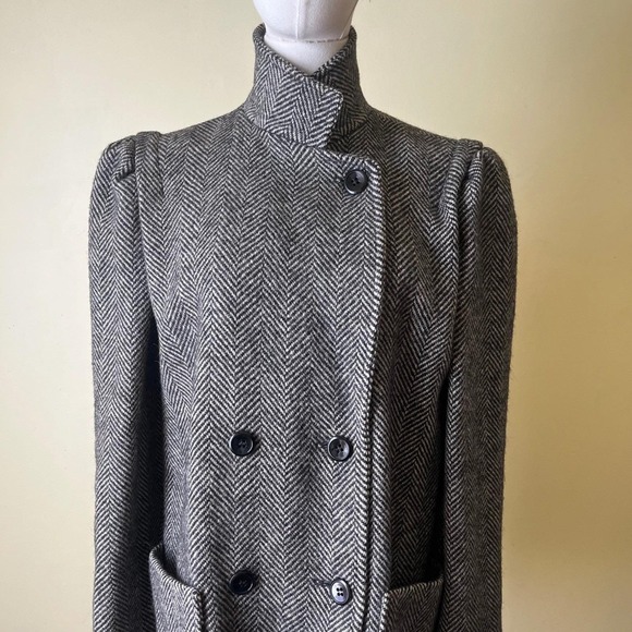 Herringbone Wool Coat Womens 13/14 Gray Black Double Breasted Vintage - Picture 4 of 8